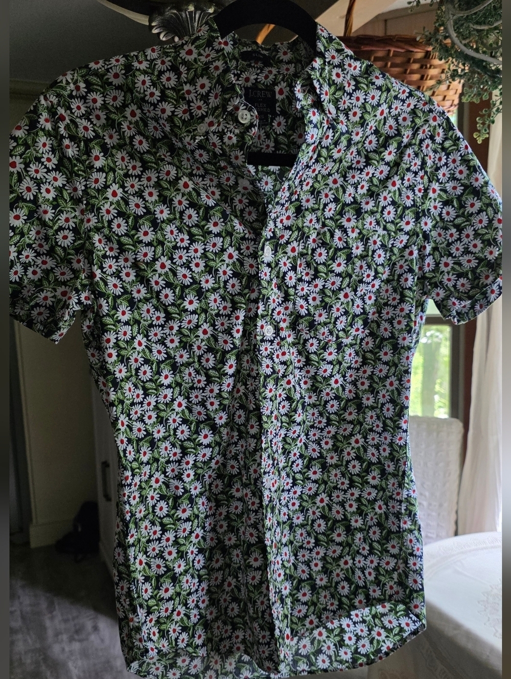 J. Crew Black Short-Sleeve Button-Up with White Daisies and Red Centers